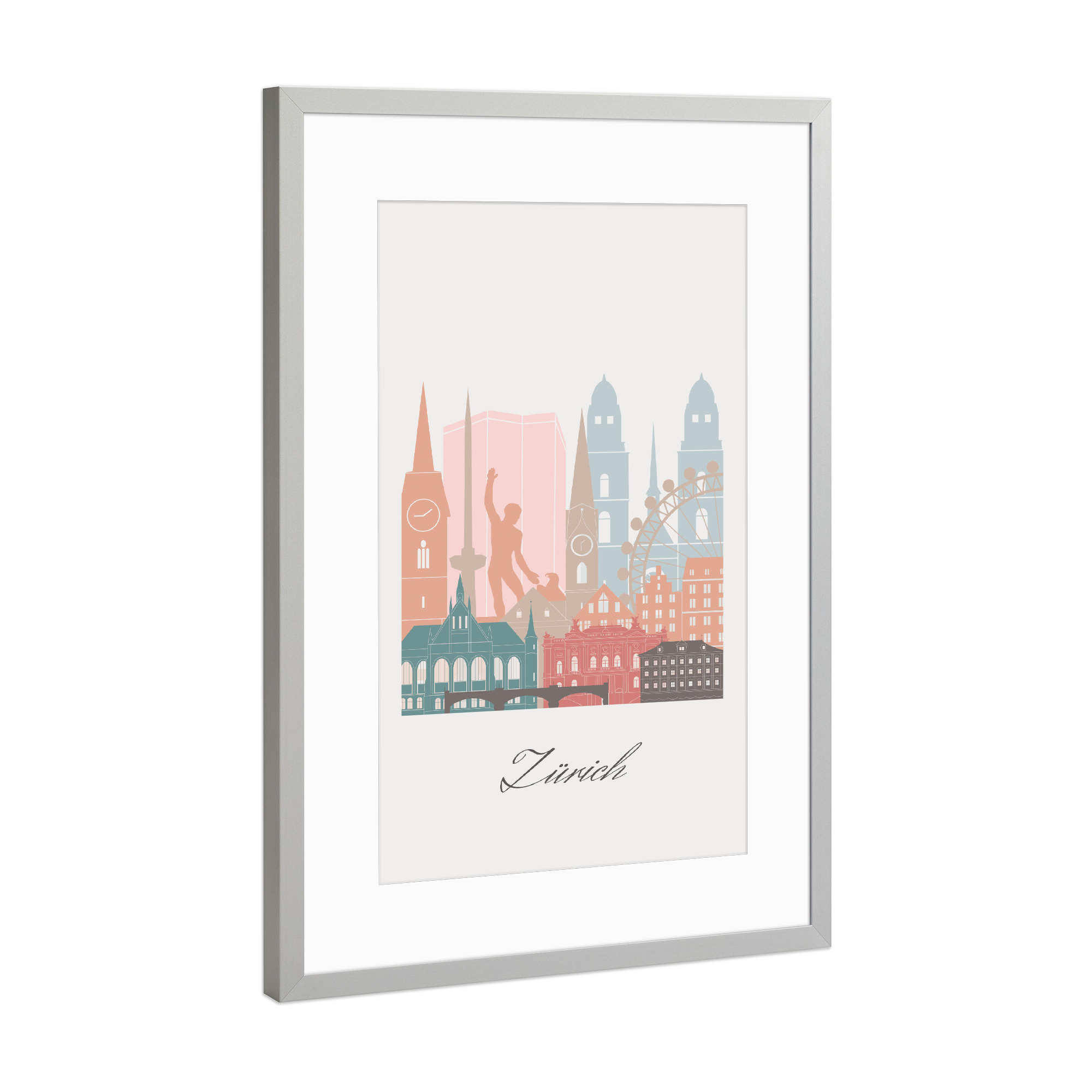 Poster mit Rahmen Silber "Zürcher Skyline im Pastellstil" artboxONE - Städte,Reise,Architektur,Städte / Zürich,Kartografie