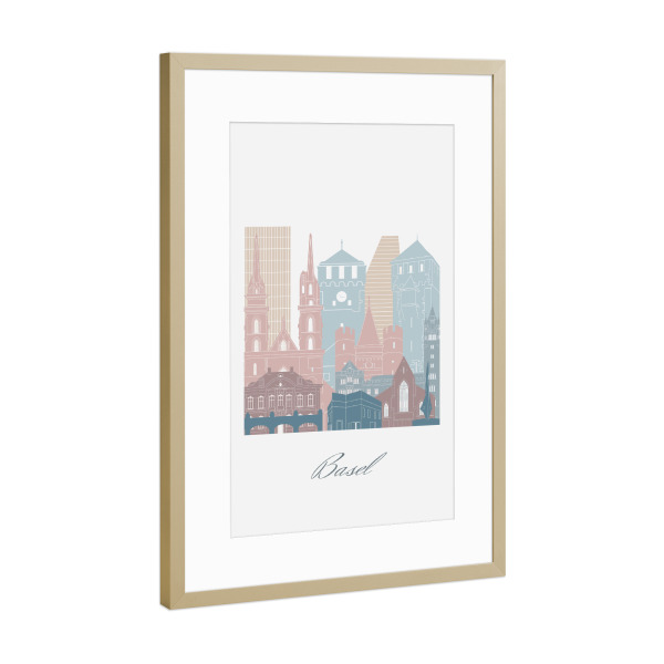 Poster mit Rahmen Gold "Basel Skyline Erdtöne Stil" artboxONE - Städte,Reise,Architektur,Kartografie