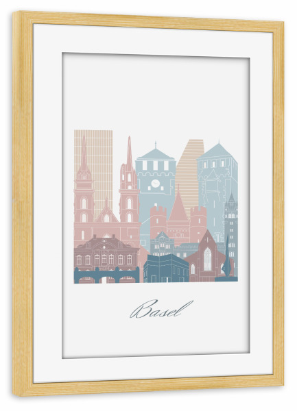 Poster mit Rahmen kiefer "Basel Skyline Erdtöne Stil" artboxONE - Städte,Reise,Architektur,Kartografie