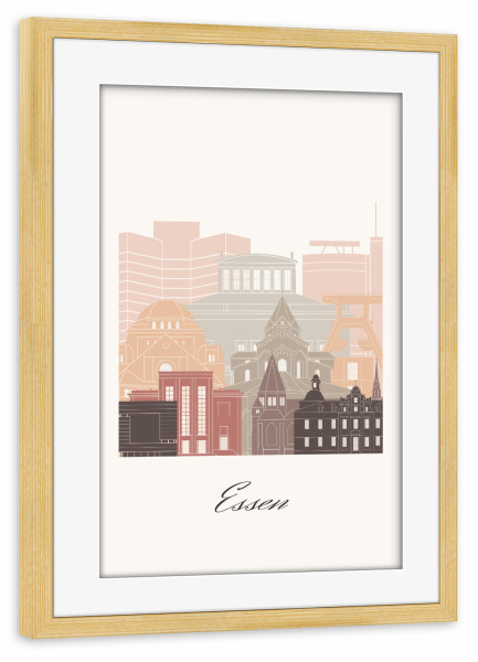 Poster mit Rahmen kiefer "Essener Skyline - Terrakotta-Stil" artboxONE - Städte,Reise,Architektur,Kartografie