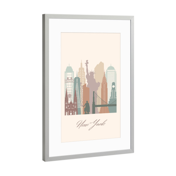 Poster mit Rahmen Silber "Salbeigrüne Skyline von New York" artboxONE - Städte,Städte / New York,Reise,Architektur,Kartografie
