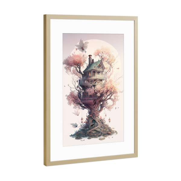 Poster mit Rahmen Gold "Verträumte Baumhausmalerei" artboxONE - Abstrakt