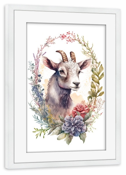 Poster mit Rahmen weiß "Ziege mit Blumen" artboxONE - Floral,Tiere