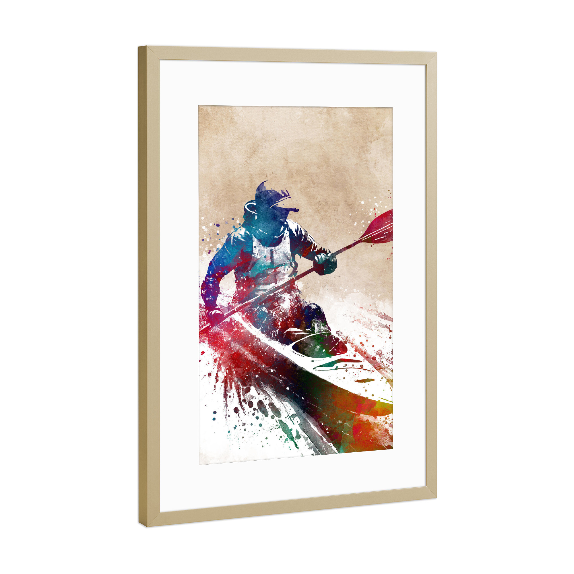 Poster mit Rahmen Gold "Kajak fahren" artboxONE - Sport,Sport / Sommerspiele - Kajak,Kajak,Sport,Sport,Fluss,Kanu,Kanufahren