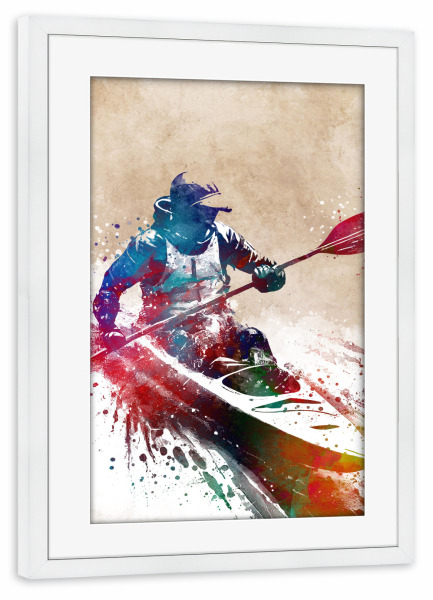 Poster mit Rahmen weiß "Kajak fahren" artboxONE - Sport,Sport / Sommerspiele - Kajak,Kajak,Sport,Sport,Fluss,Kanu,Kanufahren