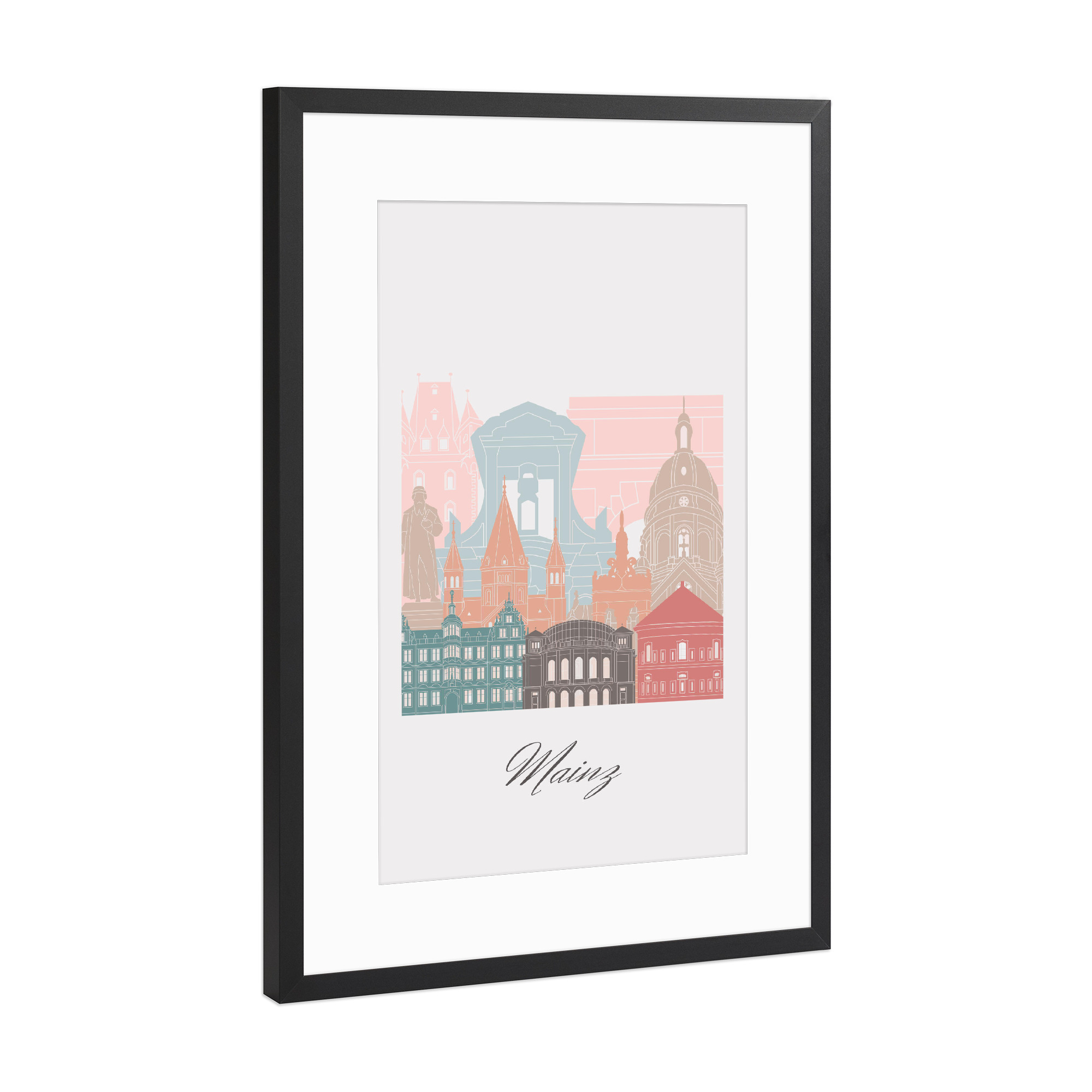 Poster mit Rahmen Schwarz (Metallic) "Mainzer Skyline im Pastellstil" artboxONE - Städte,Reise,Architektur,Kartografie