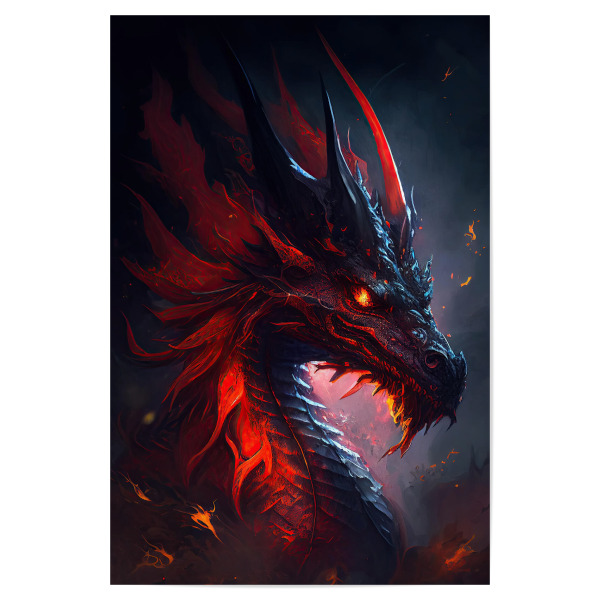 Poster "Dunkler Feuerdrache" artboxONE - Tiere,Fiktion - Kunst,Schwarz,Leinwand,Dunkel,Drache,Dramatisch,Feuer,Mystisch,öl,Farbe,Malerei,Rot,Aquarell