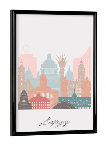 Poster mit schwarzem Rahmen "Leipziger Skyline im Pastellstil" artboxONE - Städte,Reise,Architektur,Kartografie