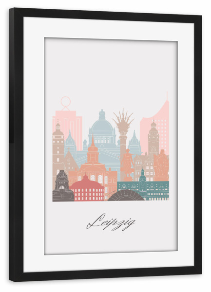 Poster mit Rahmen schwarz "Leipziger Skyline im Pastellstil" artboxONE - Städte,Reise,Architektur,Kartografie