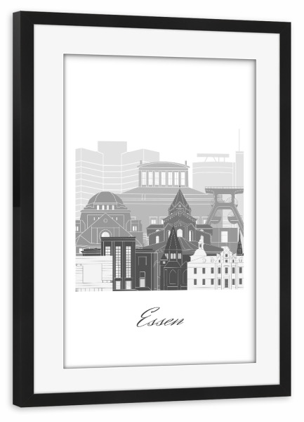 Poster mit Rahmen schwarz "Essener Skyline schwarz-weiß" artboxONE - Städte,Reise,Architektur,Kartografie