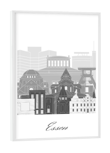 Poster mit weißem Rahmen "Essener Skyline schwarz-weiß" artboxONE - Städte,Reise,Architektur,Kartografie