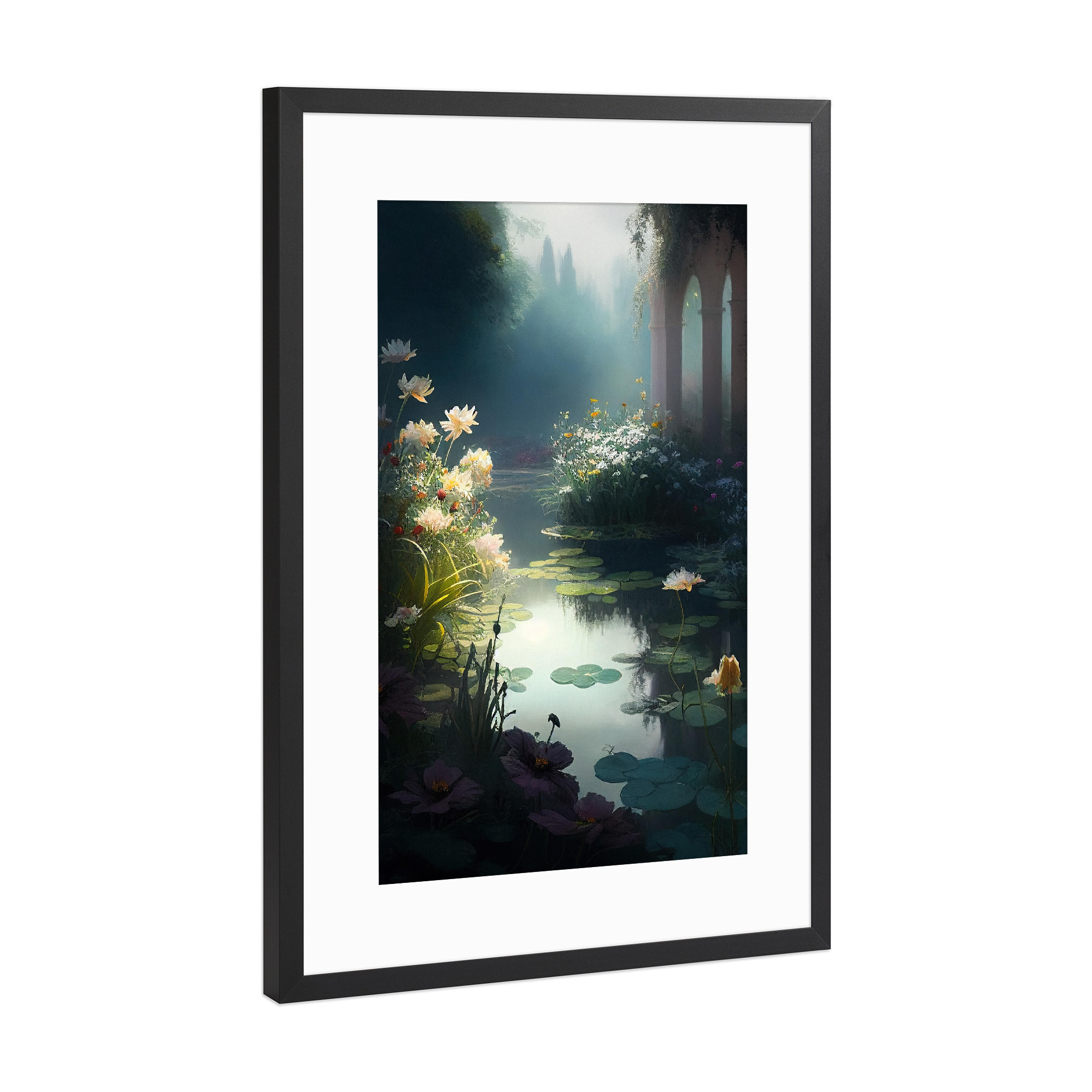 Poster mit Rahmen Schwarz (Metallic) "Teich im Botanischen Garten" artboxONE - Natur,Floral