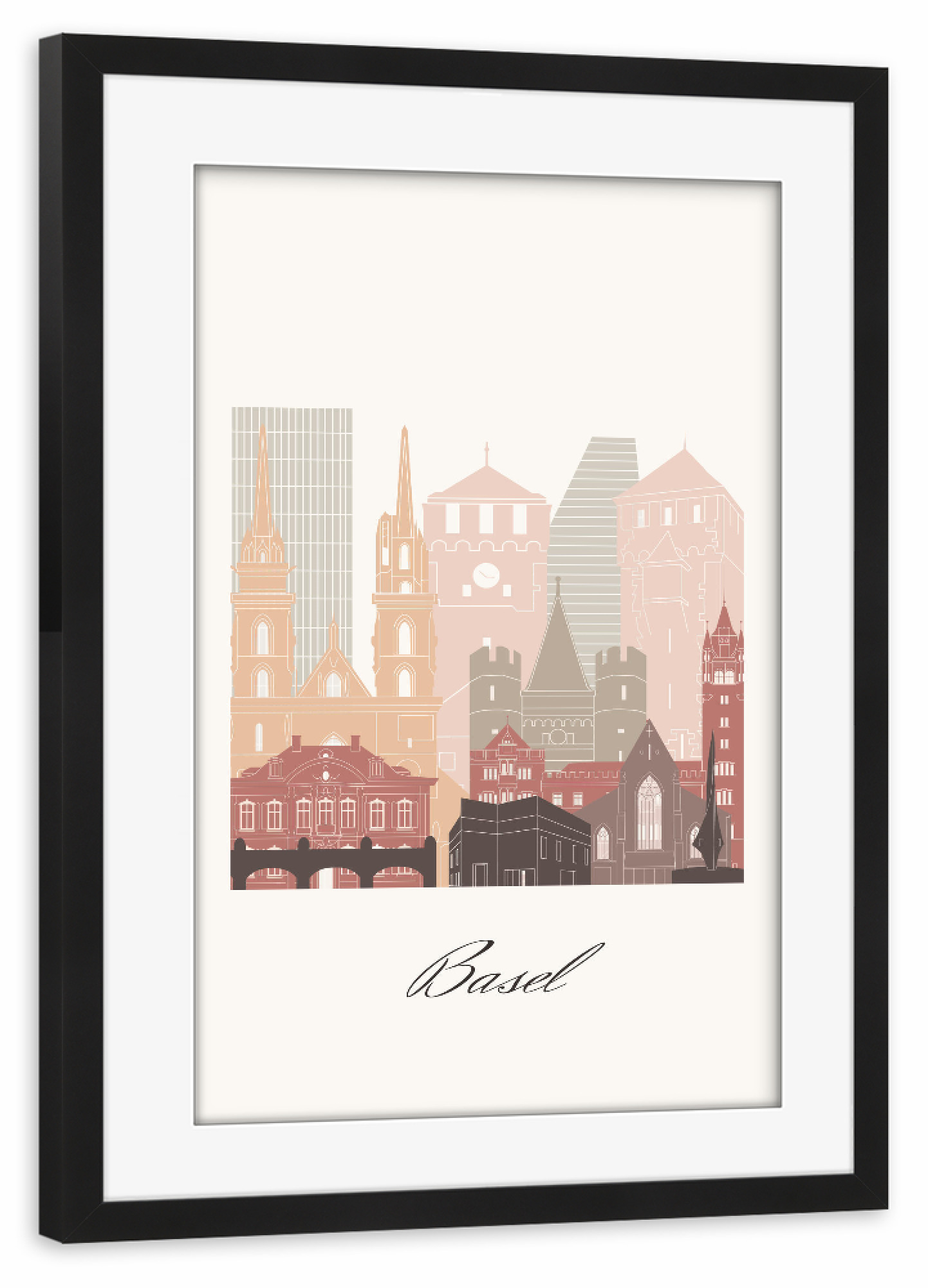 Poster mit Rahmen schwarz "Basler Skyline im Terrakotta-Stil" artboxONE - Städte,Reise,Architektur,Kartografie