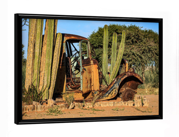 Poster mit schwarzem Rahmen "Kaktus mit Oldtimer" artboxONE - Floral,Automobile