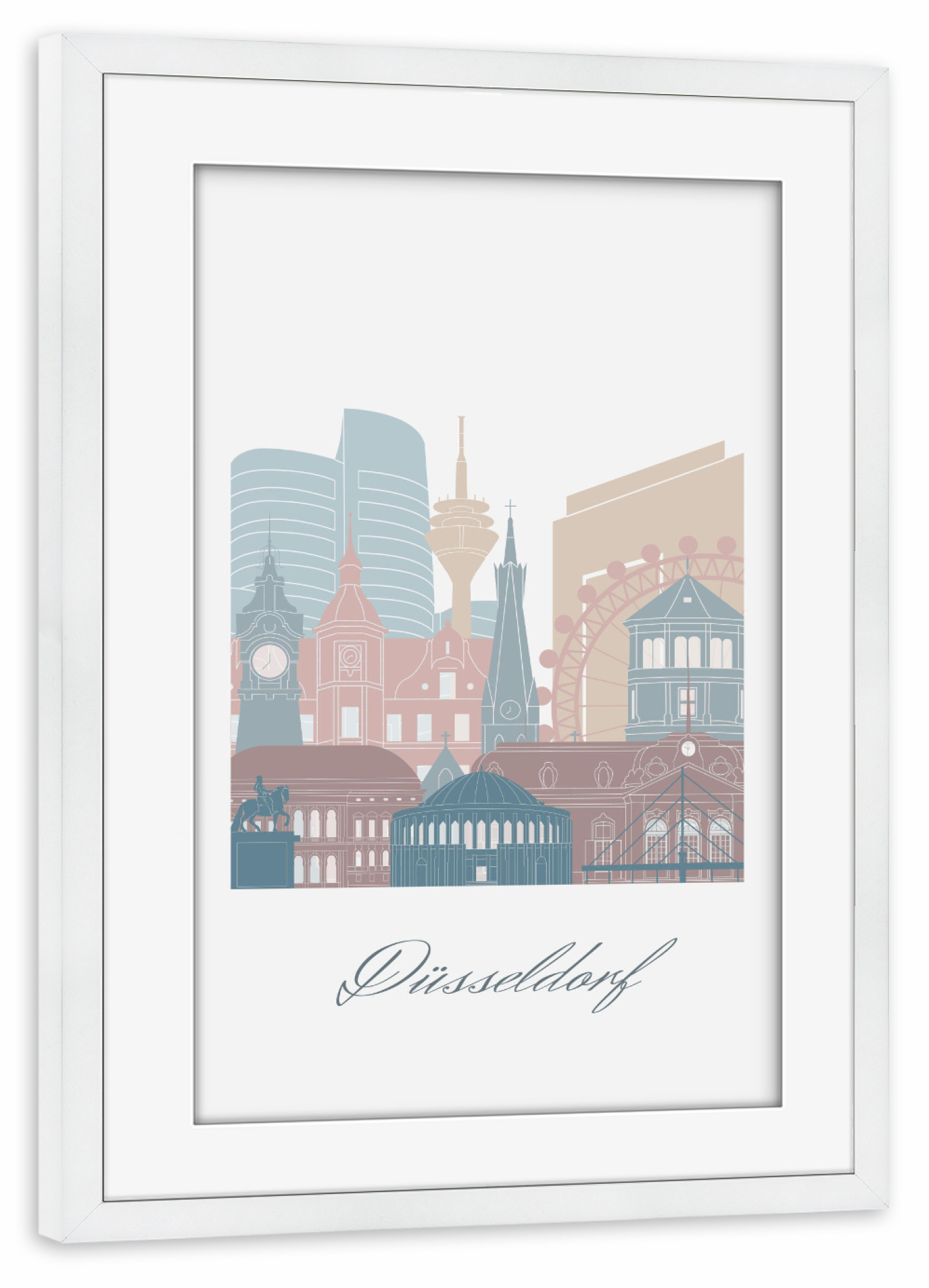 Poster mit Rahmen weiß "Düsseldorfer Skyline in Erdtönen" artboxONE - Städte,Reise,Architektur,Städte / Düsseldorf,Kartografie