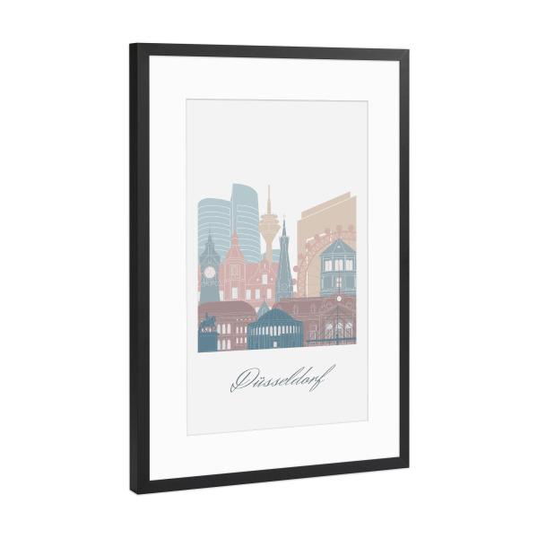 Poster mit Rahmen Schwarz (Metallic) "Düsseldorfer Skyline in Erdtönen" artboxONE - Städte,Reise,Architektur,Städte / Düsseldorf,Kartografie