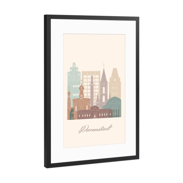 Poster mit Rahmen Schwarz (Metallic) "Darmstadt Skyline in Salbeigrün" artboxONE - Städte,Reise,Architektur,Kartografie