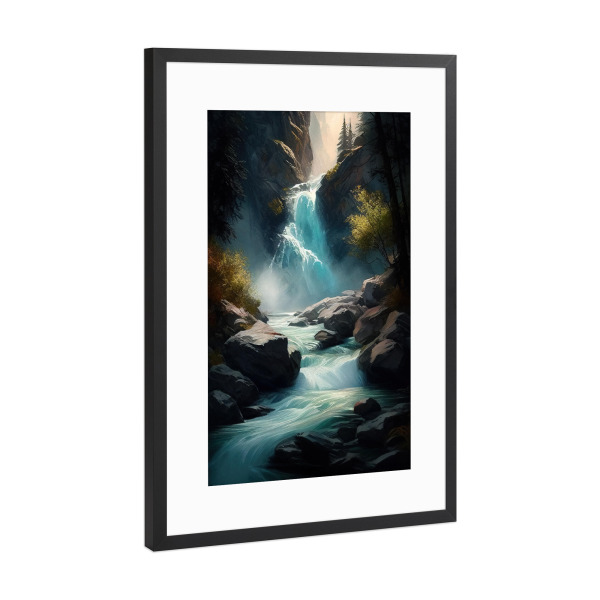 Poster mit Rahmen Schwarz (Metallic) "Üppige Wasserfallmalerei" artboxONE - Natur,Reise,Floral