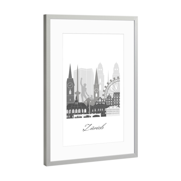 Poster mit Rahmen Silber "Zürcher Skyline schwarz-weiß" artboxONE - Städte,Reise,Architektur,Städte / Zürich,Kartografie