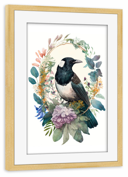 Poster mit Rahmen kiefer "Elster mit Blumen" artboxONE - Floral,Tiere