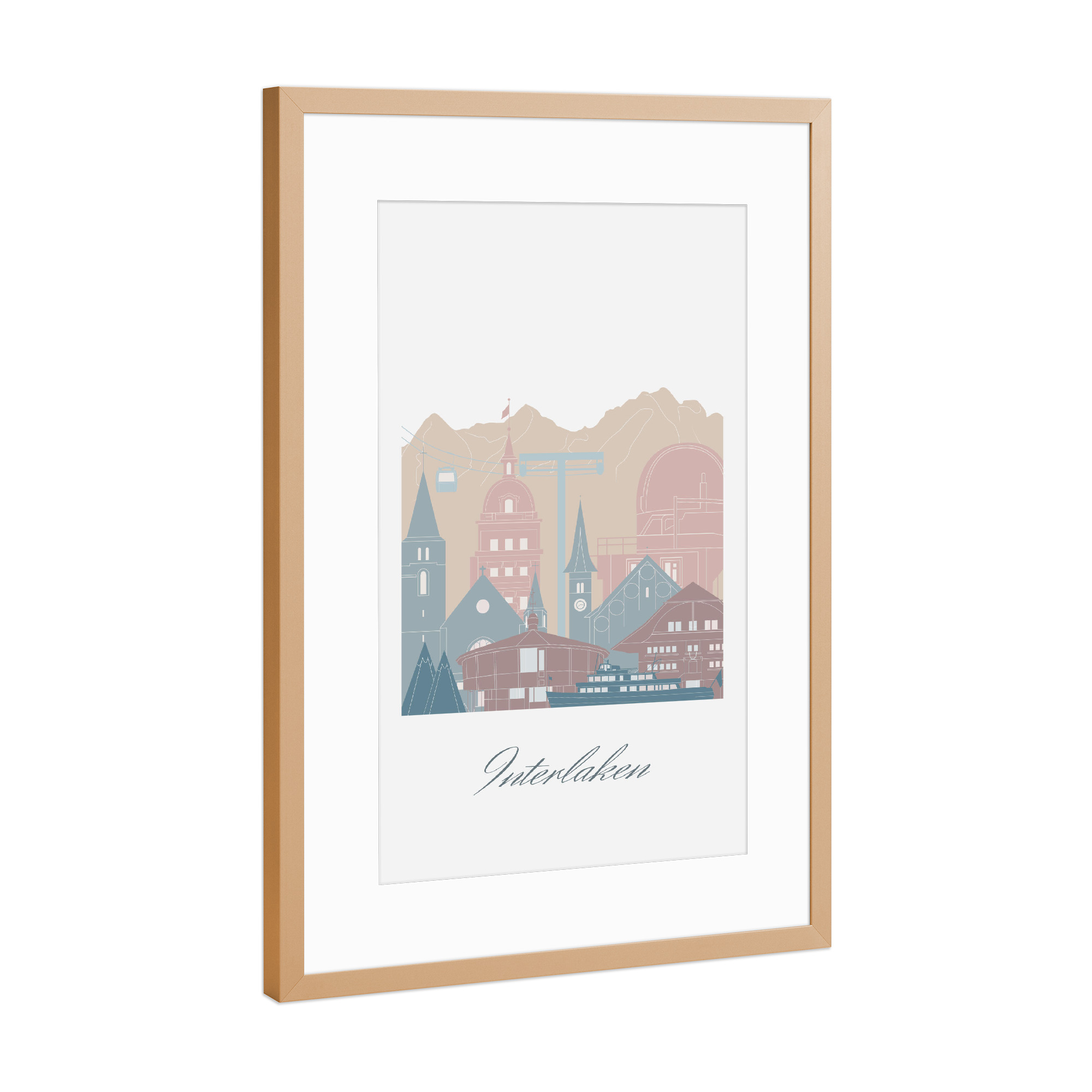 Poster mit Rahmen Kupfer "Skyline Interlaken in Erdtönen" artboxONE - Städte,Reise,Architektur,Kartografie