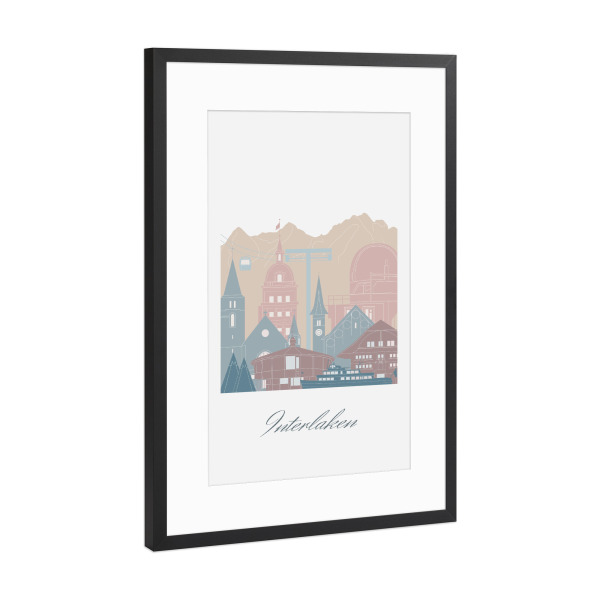Poster mit Rahmen Schwarz (Metallic) "Skyline Interlaken in Erdtönen" artboxONE - Städte,Reise,Architektur,Kartografie