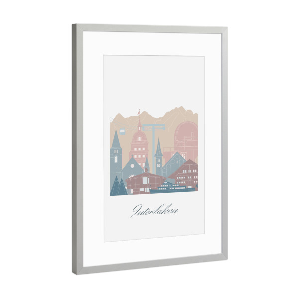 Poster mit Rahmen Silber "Skyline Interlaken in Erdtönen" artboxONE - Städte,Reise,Architektur,Kartografie
