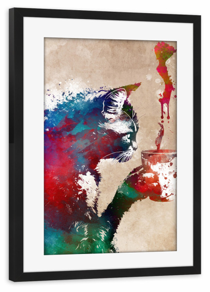 Poster mit Rahmen schwarz "Katzen- und Kaffeegraphik" artboxONE - Tiere,Essen & Trinken - Katze,Katzen,Kätzchen,Tier,Kaffee,Kaffeeliebhaber