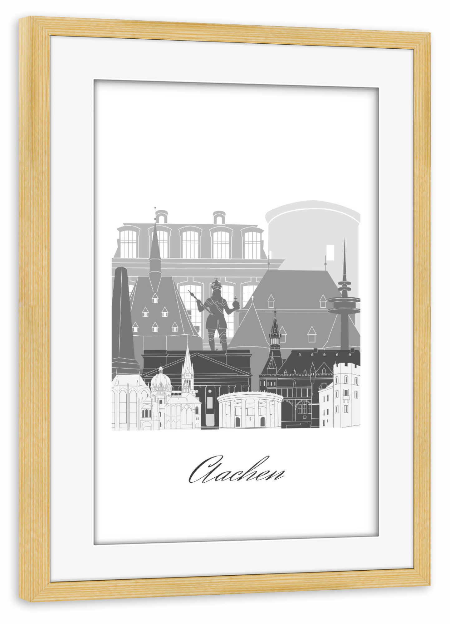 Poster mit Rahmen kiefer "Aachener Skyline schwarz-weiß" artboxONE - Städte,Reise,Architektur,Kartografie