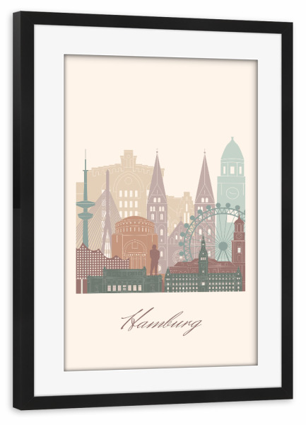 Poster mit Rahmen schwarz "Hamburger Skyline in Salbeigrün" artboxONE - Städte,Städte / Hamburg,Reise,Architektur,Kartografie