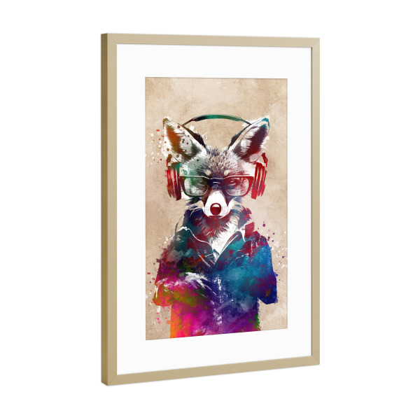 Poster mit Rahmen Gold "Fuchs-Hipster" artboxONE - Tiere,Musik - Fuchs,Foxy,Wildes tier,Tiere,Buch,Hipster,Grafik,Illustration,Design,Kunst