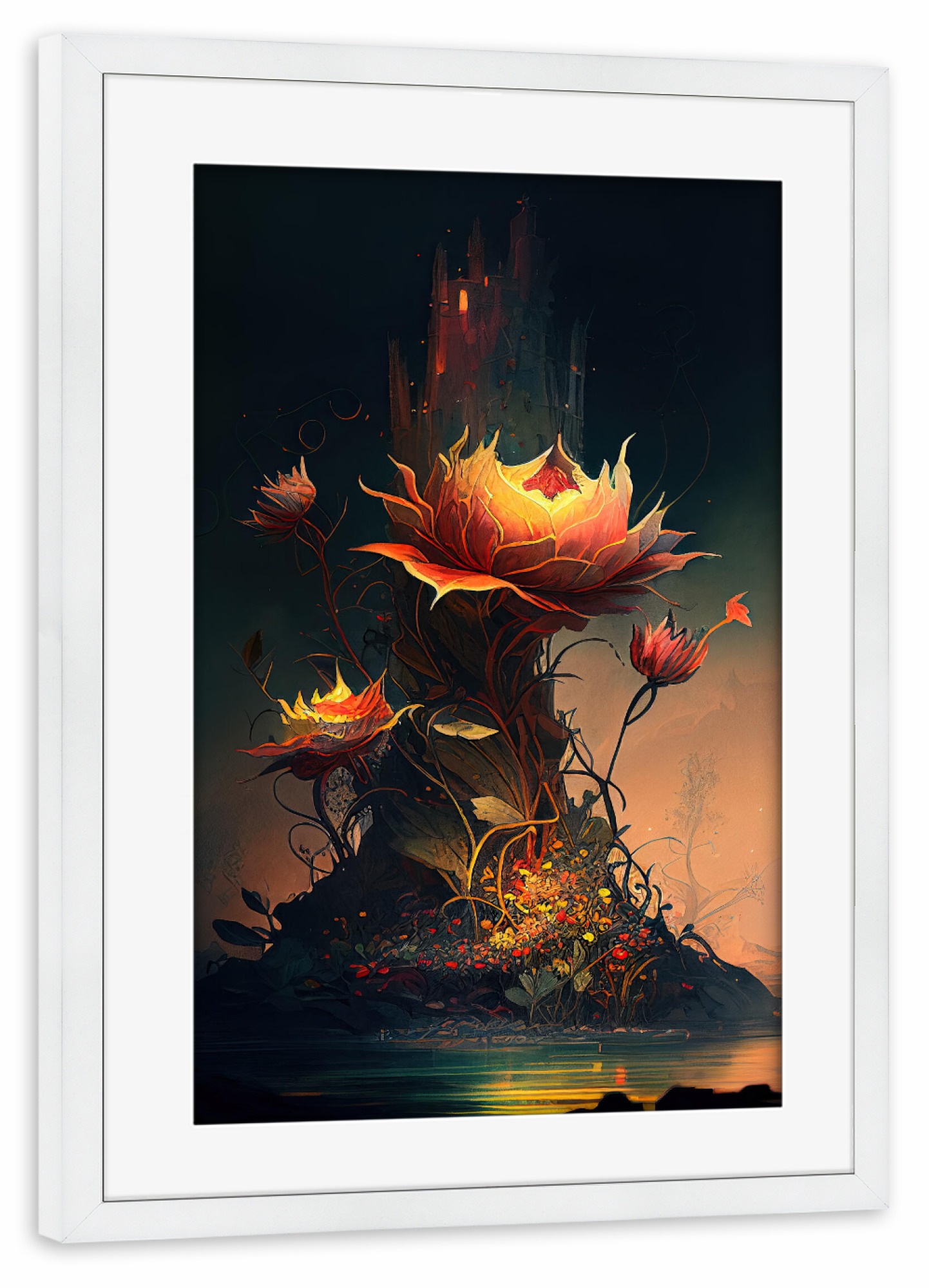 Poster mit Rahmen weiß "Mystisch leuchtende Blumen" artboxONE - Abstrakt