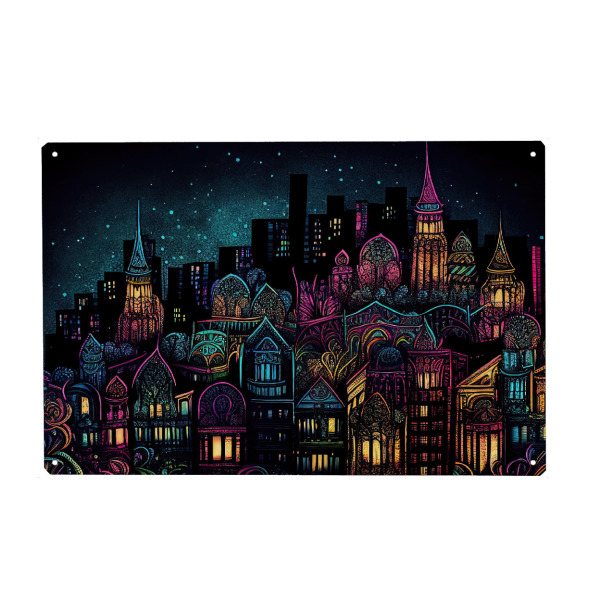 Holzbild "Bunte Stadt bei Nacht" artboxONE - Städte,Abstrakt