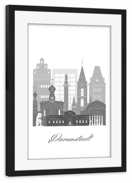 Poster mit Rahmen schwarz "Darmstadt Skyline schwarz weiß" artboxONE - Städte,Reise,Architektur,Kartografie