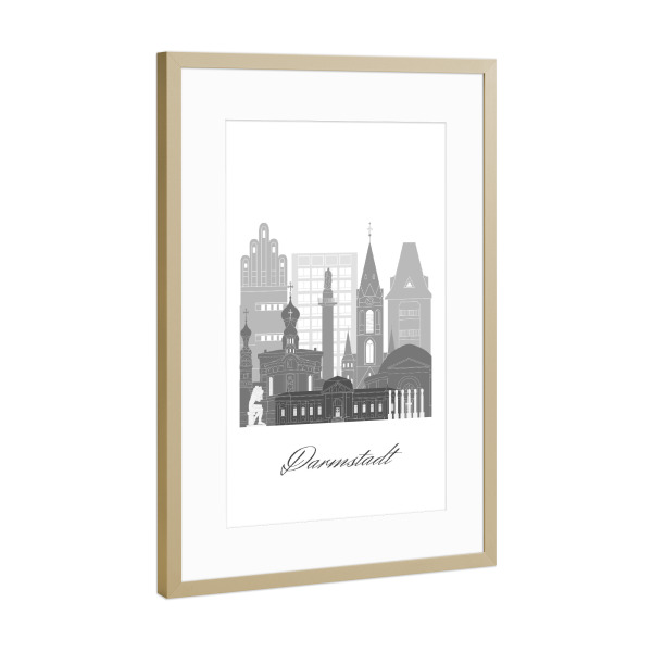 Poster mit Rahmen Gold "Darmstadt Skyline schwarz weiß" artboxONE - Städte,Reise,Architektur,Kartografie