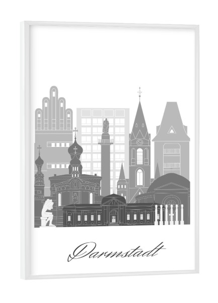 Poster mit weißem Rahmen "Darmstadt Skyline schwarz weiß" artboxONE - Städte,Reise,Architektur,Kartografie
