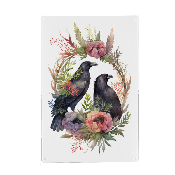 Holzbild "Zwei Raben" artboxONE - Floral,Tiere - Rabe,Krähe,Vogel,Ornithologie,Tier,Natur,Aquarell,Botanisch,Böhmen,Verträumt,Blumen,Pflanzen