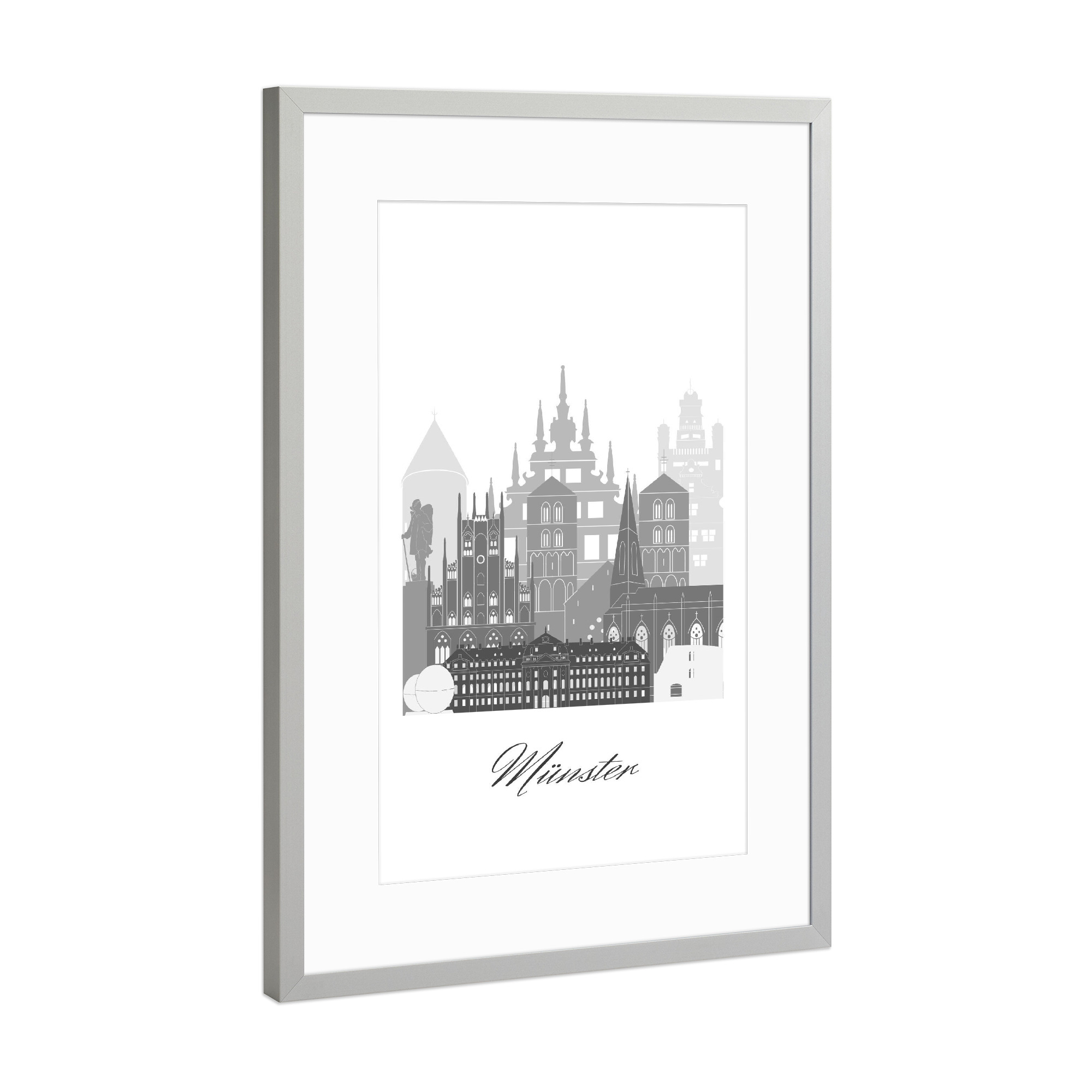 Poster mit Rahmen Silber "Münster Skyline schwarz weiß" artboxONE - Städte,Reise,Architektur,Kartografie