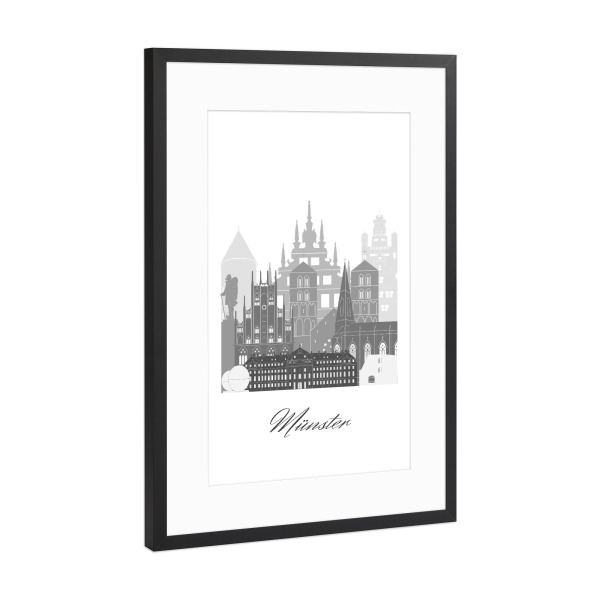 Poster mit Rahmen Schwarz (Metallic) "Münster Skyline schwarz weiß" artboxONE - Städte,Reise,Architektur,Kartografie