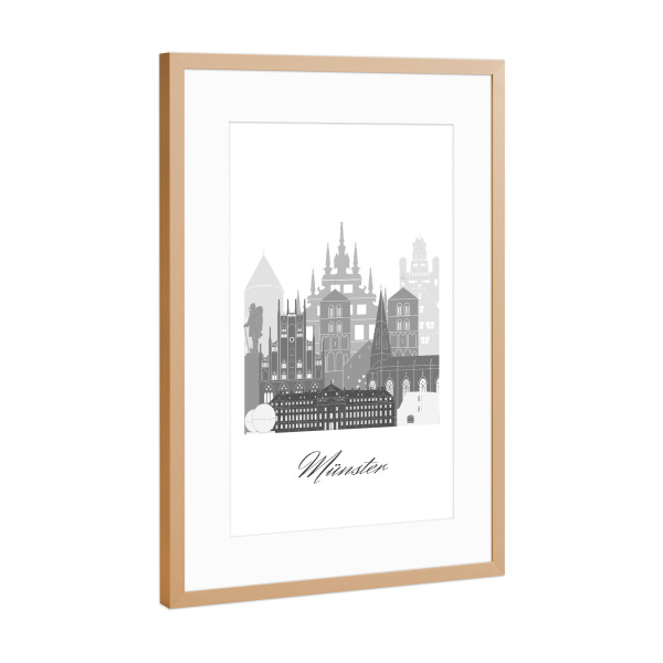 Poster mit Rahmen Kupfer "Münster Skyline schwarz weiß" artboxONE - Städte,Reise,Architektur,Kartografie