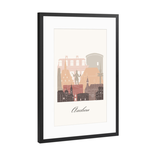 Poster mit Rahmen Schwarz (Metallic) "Aachener Skyline in Terrakotta" artboxONE - Städte,Reise,Architektur,Kartografie