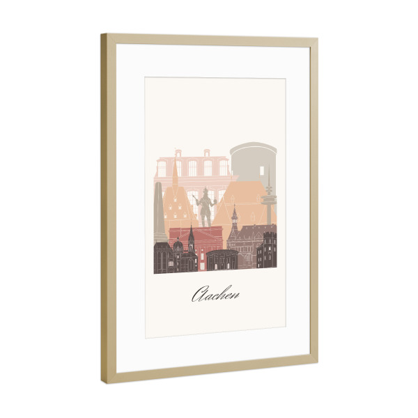 Poster mit Rahmen Gold "Aachener Skyline in Terrakotta" artboxONE - Städte,Reise,Architektur,Kartografie