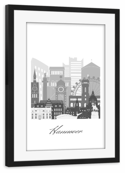 Poster mit Rahmen schwarz "Hannover Skyline schwarz-weiß" artboxONE - Städte,Reise,Architektur,Kartografie