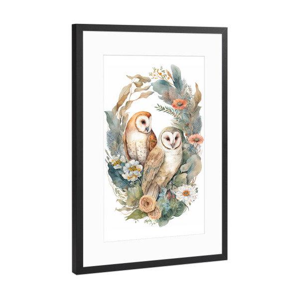 Poster mit Rahmen Schwarz (Metallic) "Zwei Eulen mit Blumen" artboxONE - Floral,Tiere