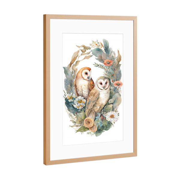 Poster mit Rahmen Kupfer "Zwei Eulen mit Blumen" artboxONE - Floral,Tiere