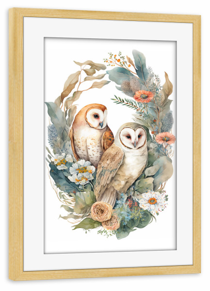 Poster mit Rahmen kiefer "Zwei Eulen mit Blumen" artboxONE - Floral,Tiere