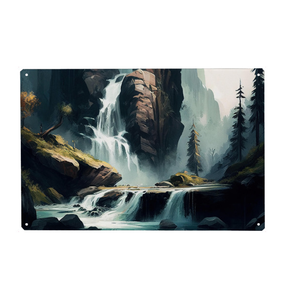 Holzbild "Kaskadental-Malerei" artboxONE - Natur - Kaskade,Wasserfall,Malerei,Farbe,Aquarell,Kunst,öl,Natur,Landschaft,Ansicht,Fluss,Baum,Sommer