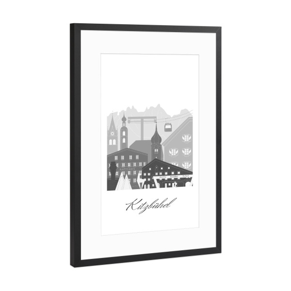 Poster mit Rahmen Schwarz (Metallic) "Kitzbüheler Skyline schwarz weiß" artboxONE - Städte,Reise,Architektur,Kartografie