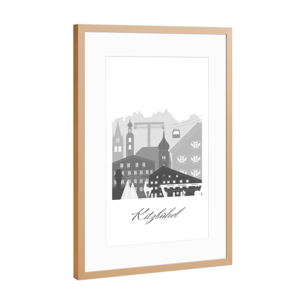 Poster mit Rahmen Kupfer "Kitzbüheler Skyline schwarz weiß" artboxONE - Städte,Reise,Architektur,Kartografie