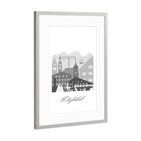 Poster mit Rahmen Silber "Kitzbüheler Skyline schwarz weiß" artboxONE - Städte,Reise,Architektur,Kartografie